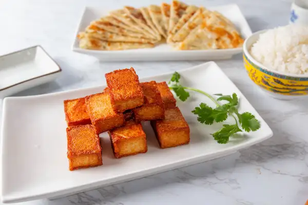 Fried Tofu Cubes with Scallion Pancake and Rice